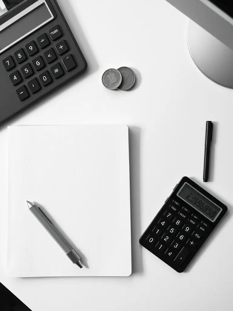 A minimalist organized desk with a simple notebook, a calcul