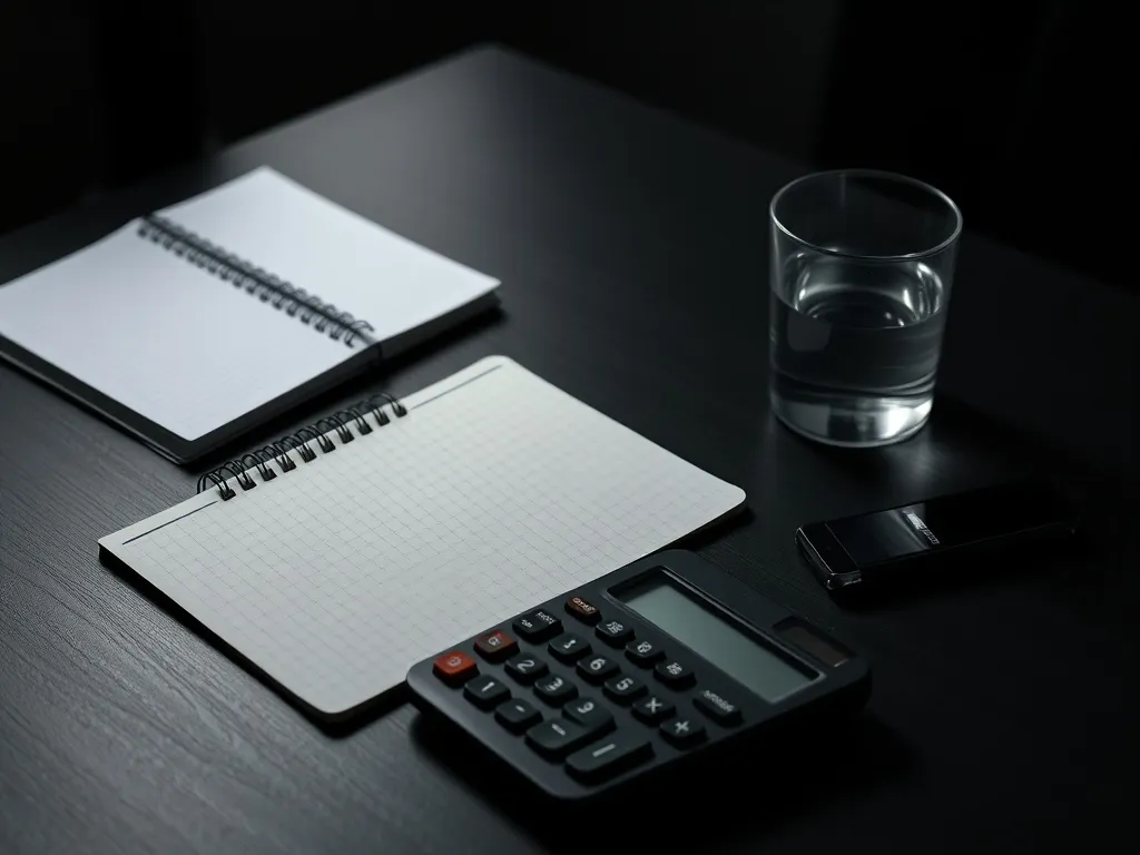 A professional office desk with a calculator, notebook, and