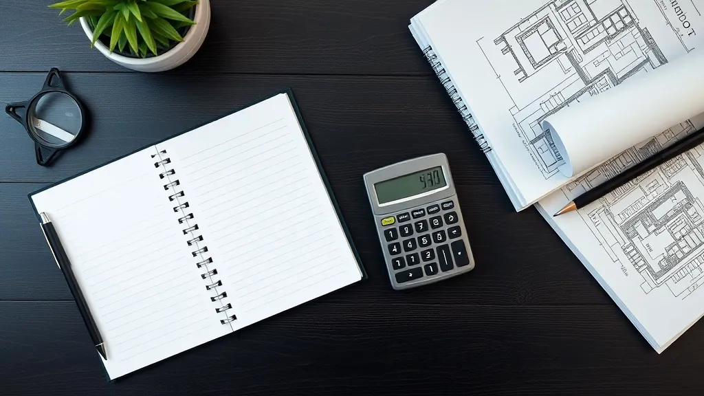 A professional minimalist workspace with a calculator, noteb