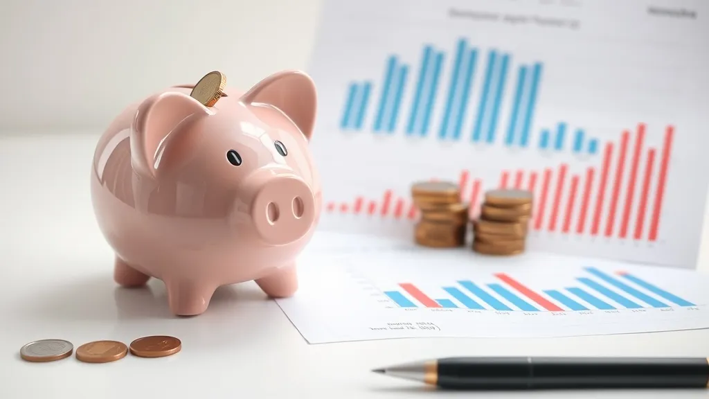 A close up of a piggy bank with coins next to a financial ch